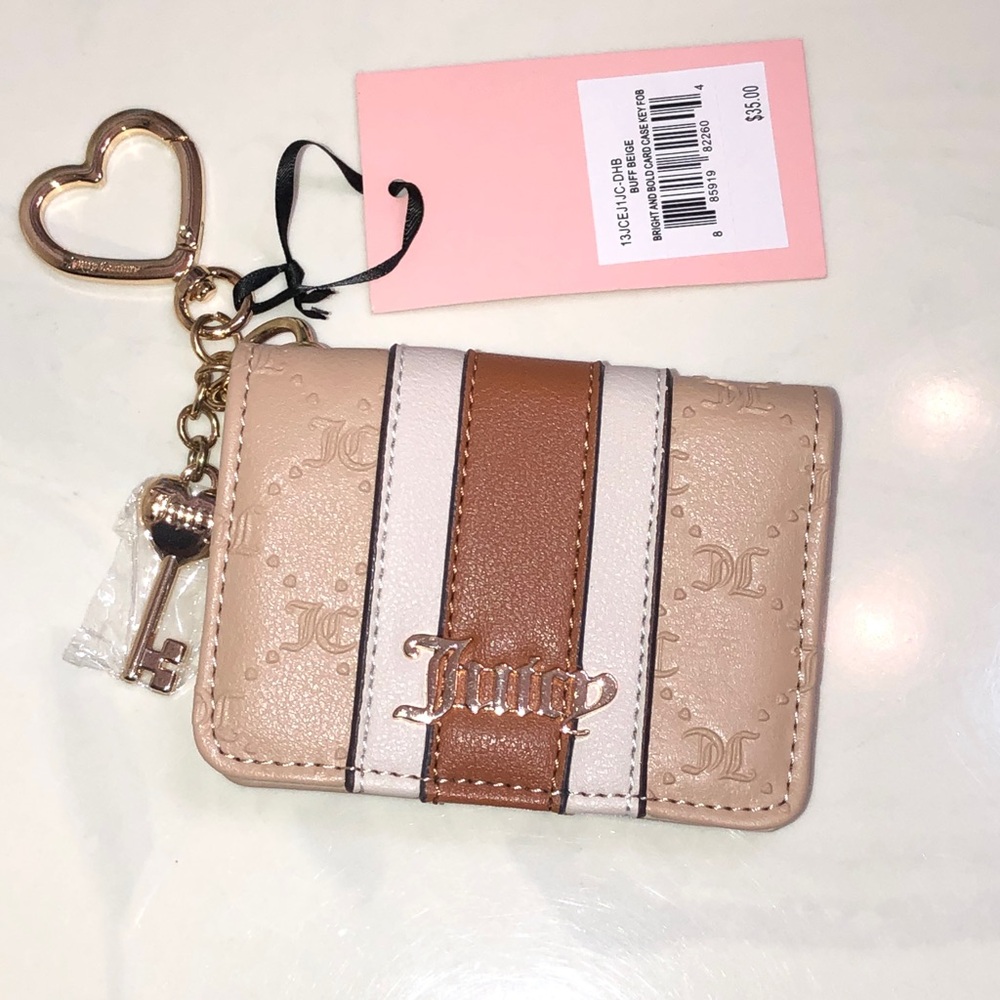 Juicy Couture Buff Beige Bright And Bold Card Case Key Fob Wallet Key Charm NWT